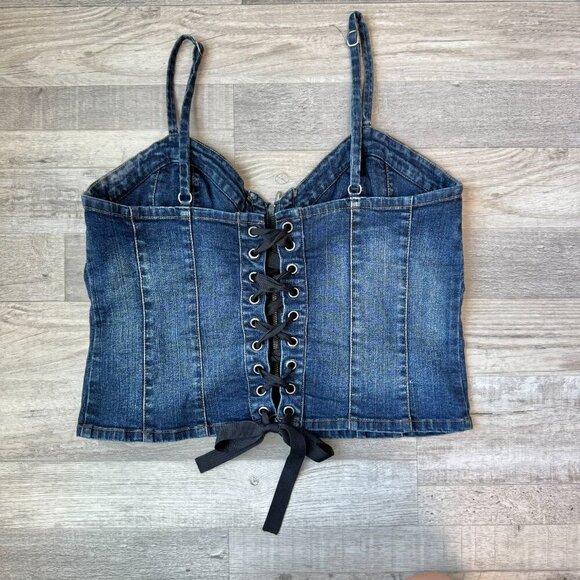 Harley Davidson Denim Embroidered Corset Tank Front Zip H13 - Picture 3 of 5